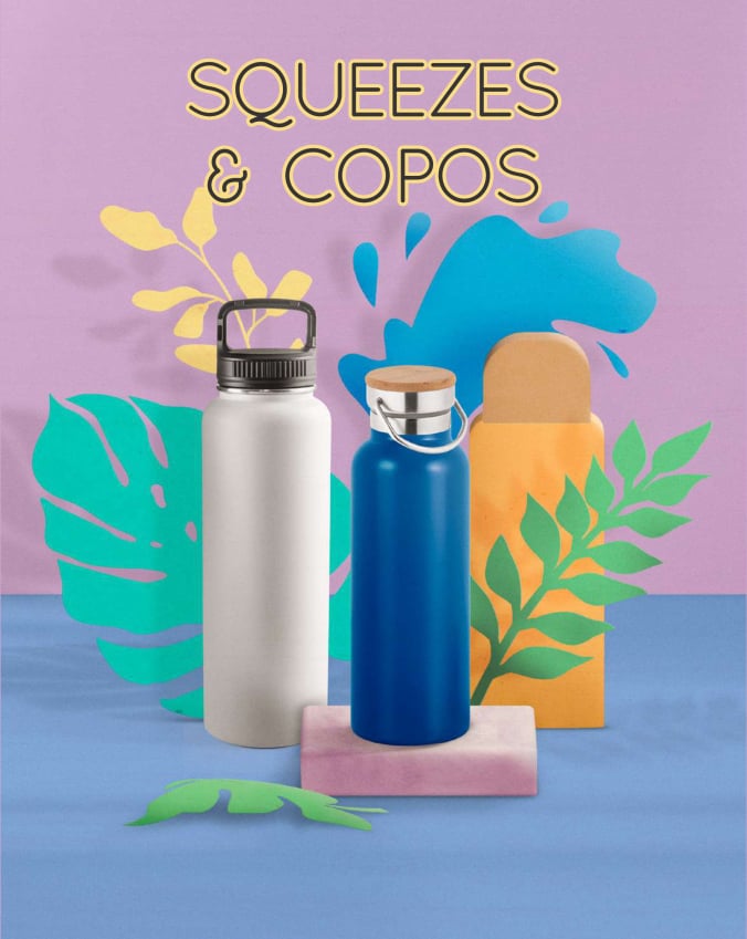 Squeezes, copos e garrafas